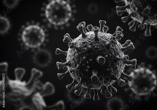 Microscopic view of a Coronavirus particle with a textured surface and spiky protrusions, illustrating the virus's structure