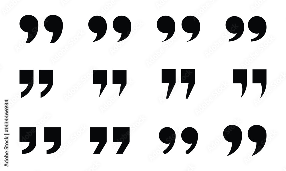 Set of quote mark. Quotes icon vector set. Quotemarks outline, speech marks, inverted commas or talking marks collection. Talk bubble speech icons silhouette Vector illustration. Set of quote mark. Quotes icon vector set. Quotemarks outline, speech marks, inverted commas or talking marks collection. Talk bubble speech icons silhouette Vector illustration.
