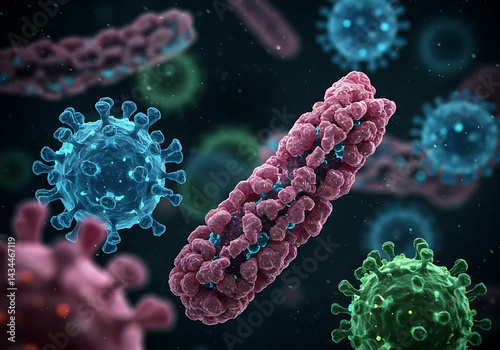 A microscopic view of viruses and bacteria, highlighting the complexities of the invisible world. The image showcases the intricate structures of these tiny organisms.