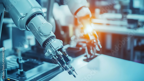 Wallpaper Mural Mechanical arm assembling robotic arms for robotic shaping of sheet metal in an industrial workshop, clean and organized workstations with metal sheets visible, Sheet metal shaping robotic arm style Torontodigital.ca