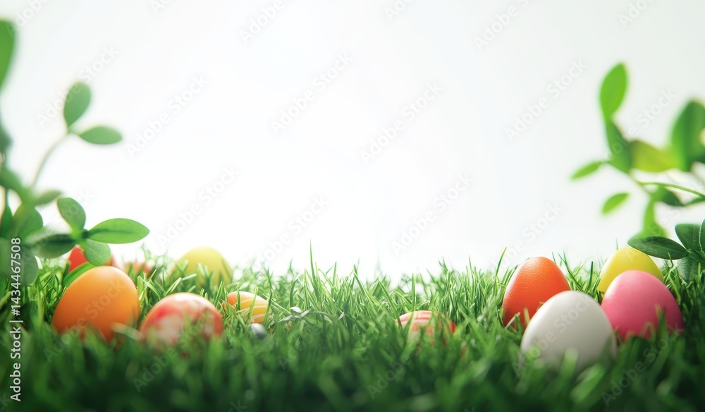 Colorful Easter eggs nestled in green grass with a soft, blurred background Colorful Easter eggs nestled in green grass with a soft, blurred background