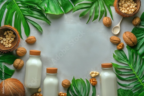 Creative Arrangement of Nuts and Plant Leaves With Bottles of Milk on a Textu...