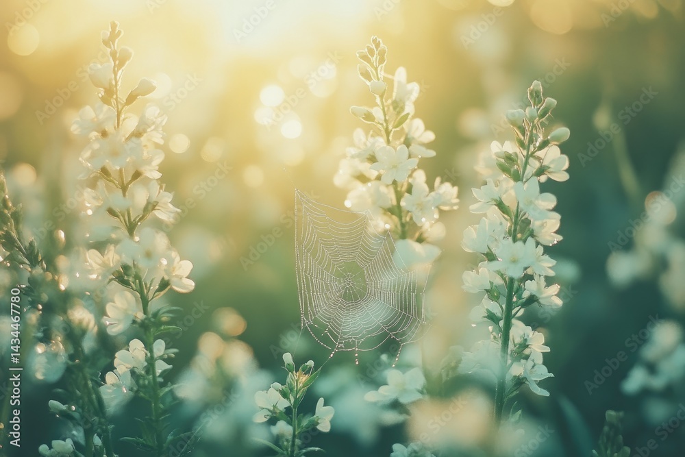 A dewy spiderweb hangs delicately amongst a field of white flowers bathed in golden sunlight.