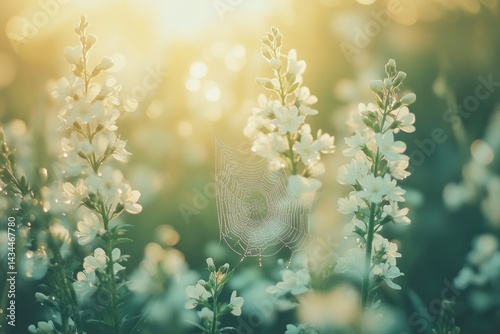 A dewy spiderweb hangs delicately amongst a field of white flowers bathed in golden sunlight.