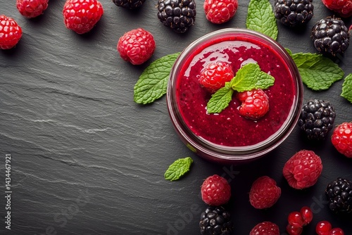 Delicious Berry Jam With Fresh Raspberries and Blackberries on a Slate Background