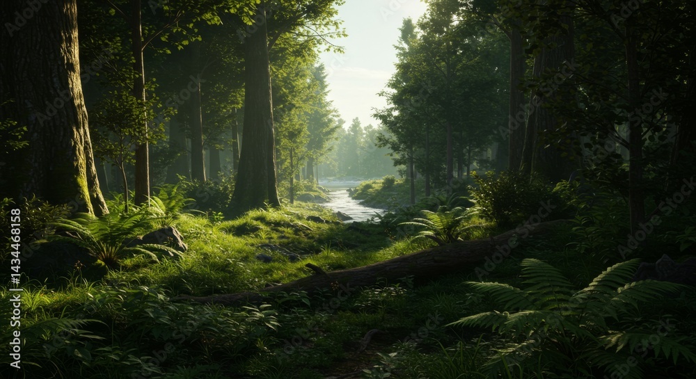 Obraz premium Sunlit Forest Path with Lush Greenery and Stream