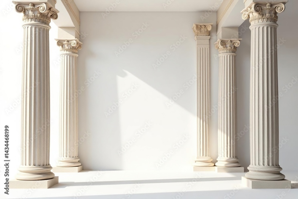 Elegant Roman-style columns against a stark white backdrop , rome, ruins, white Elegant Roman-style columns against a stark white backdrop , rome, ruins, white