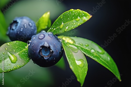 Fresh Blueberries With Raindrops on Leaves in a Garden Setting