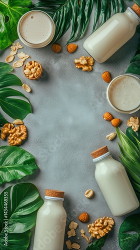 Delicious Plant-Based Milk Surrounded by Nuts and Greenery in a Cozy Kitchen ...