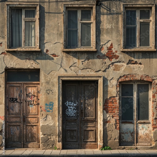 Aged Building Facade with Graffiti and Decaying Walls