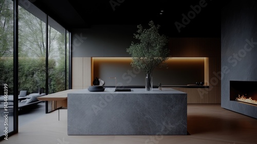 Modern kitchen with dark tones and outdoor views