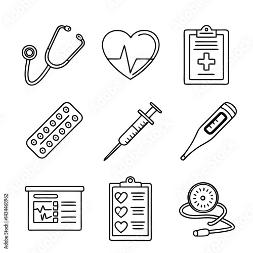 Medical and Wellness Icon Pack – 9 Clean Line Style Health Checkup Vector Illustrations for Web, App, and Print Use