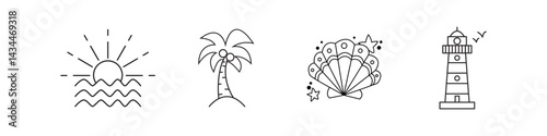 Collection of simple black line icons showing a sunset, palm tree, seashells, and lighthouse, perfect for beach, travel, or summer themes.