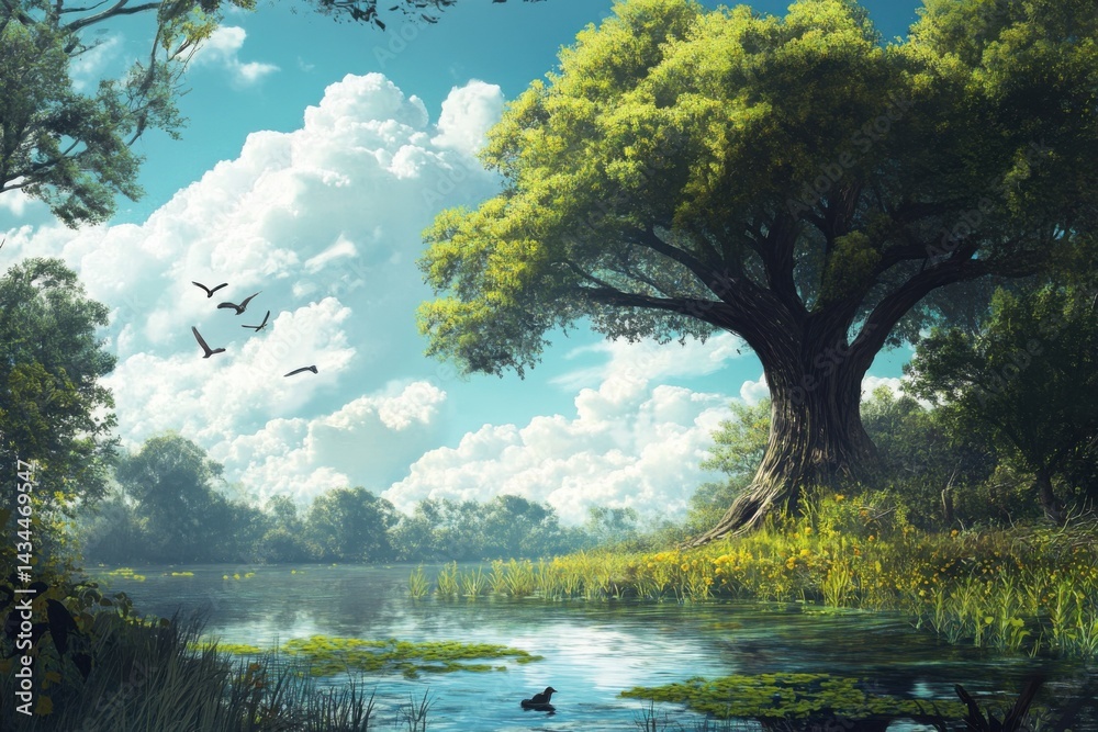 Tranquil Riverside with Majestic Tree and Birds