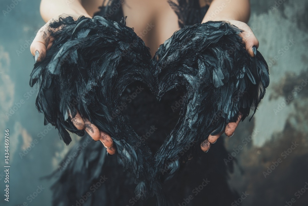 Black Feather Heart in Hands