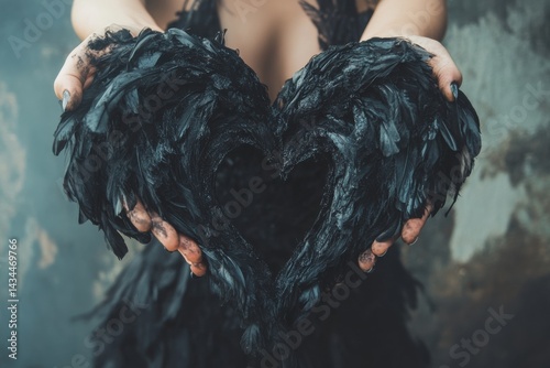 Obraz na płótnie Black Feather Heart in Hands w salonie