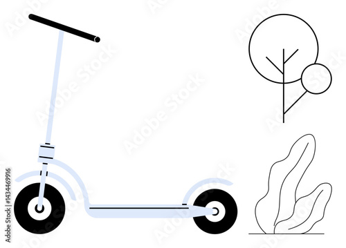 Electric scooter with clean lines, paired with stylized tree and bush. Ideal for transportation, mobility, eco-living, sustainability, urban design, clean energy, simple landing page