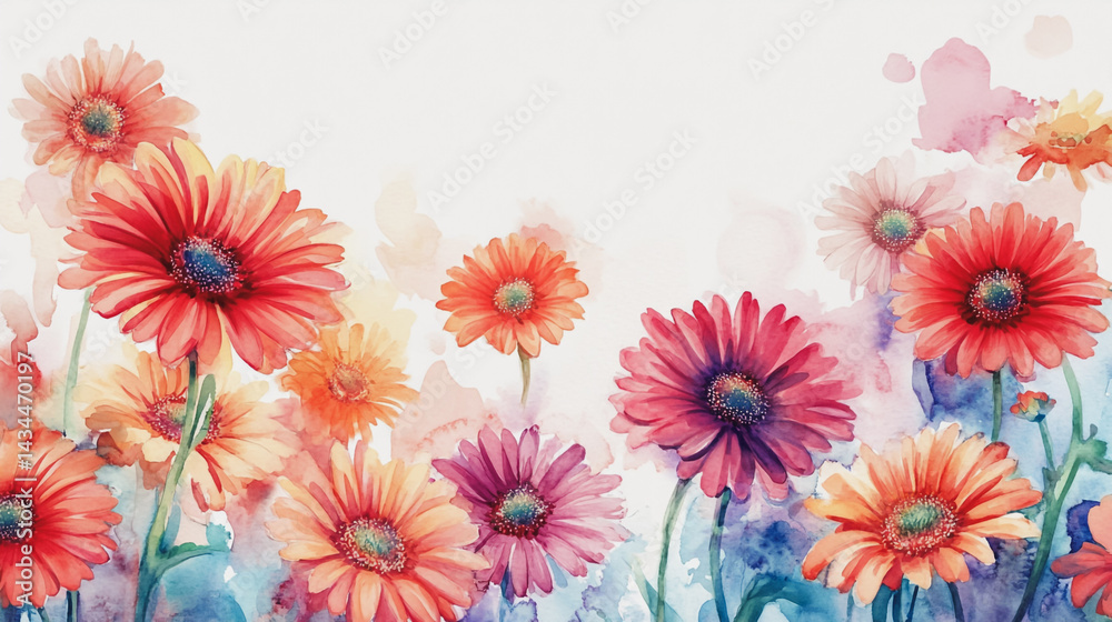 watercolor botanical Gerbera flowers texture template background.Elegant wedding invitation card background . Minimal hand painted Design for wedding or Valentine's Day
