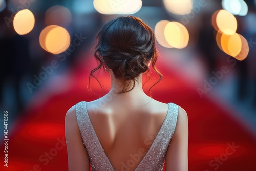 Elegant woman walking red carpet from behind at event photo