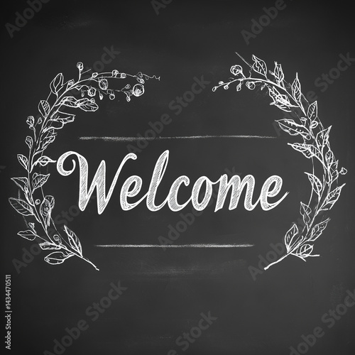 Hand-drawn chalkboard effect. Welcome sign with floral branches on black background. Perfect for cafes, weddings, and home décor projects.