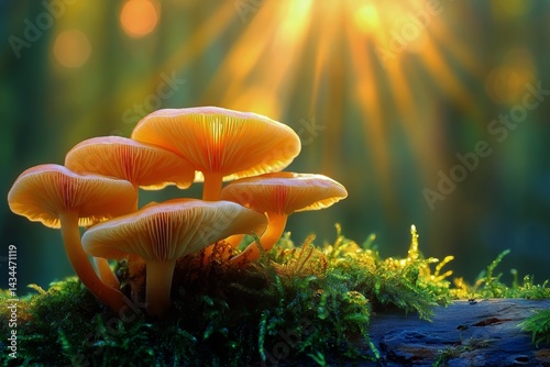 Colorful Mushrooms Glowing Under Sunlight in a Lush Forest Setting