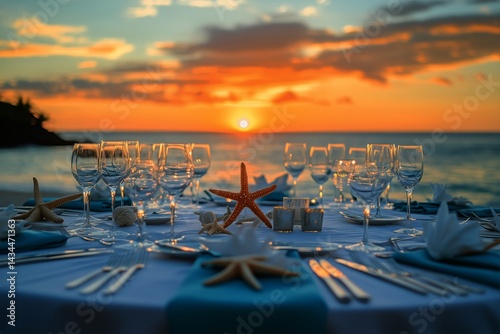 Elegant Dinner Setting on the Beach at Sunset With Ocean View and Decorative ...