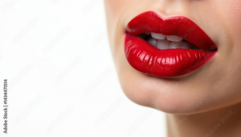 Obraz premium Intensely colored red lips against pure white, makeup, texture, glossy