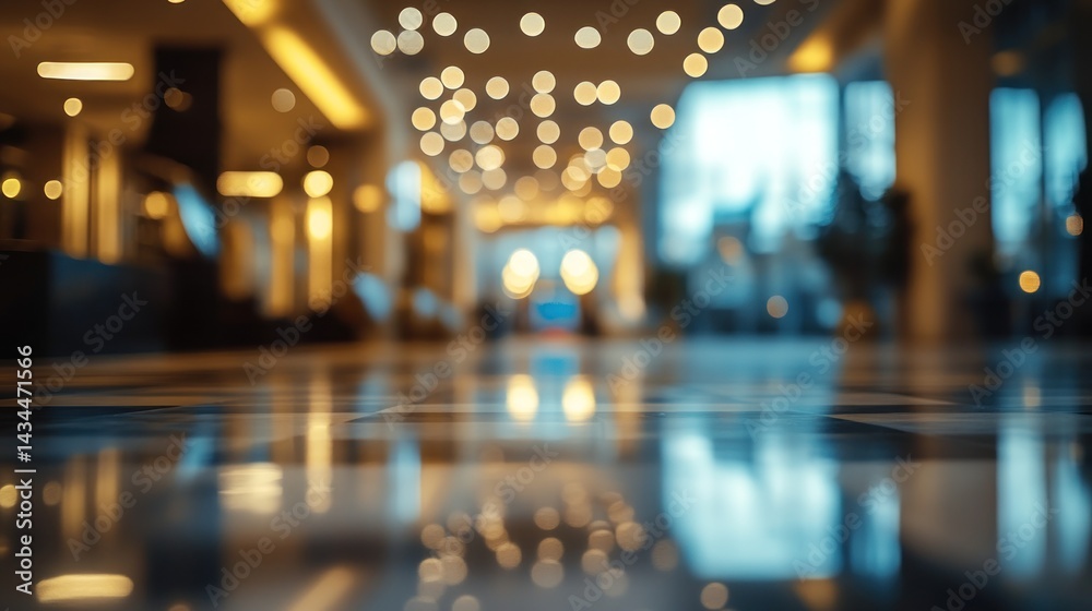 Fototapeta premium Reflective Lobby Interior: A Blurred Nighttime Elegance