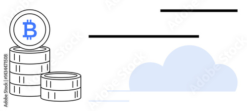 Piles of Bitcoin coins symbolizing digital currency with a cloud hinting at online storage or computing. Ideal for cryptocurrency, blockchain, finance, investment, technology, cloud storage