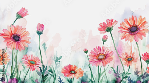 watercolor botanical Gerbera flowers texture template background.Elegant wedding invitation card background . Minimal hand painted Design for wedding or Valentine's Day