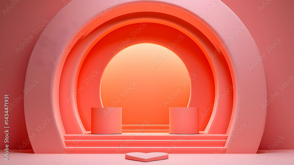 Fototapeta premium Pink Heart-Shaped Archway with Two Podiums and Soft Lighting