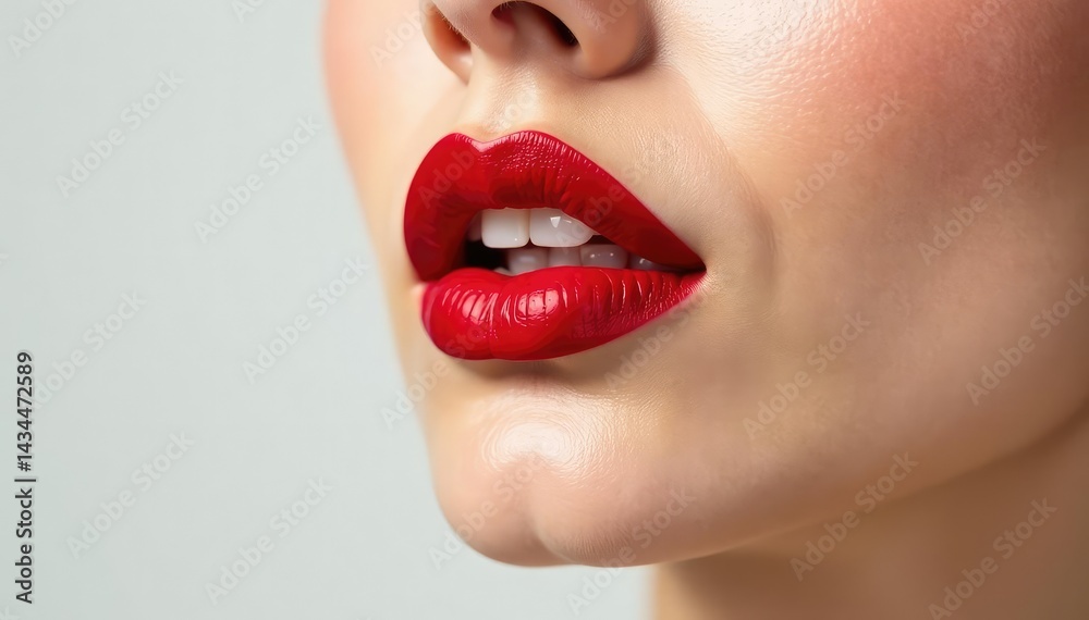 Obraz premium Close-up vibrant red lipstick, pristine white backdrop, white background, full lips