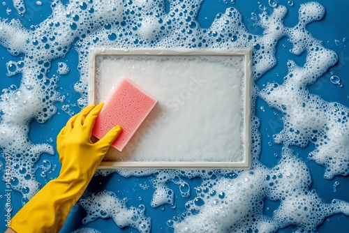 Cleaning a Soapy Surface With a Yellow Glove and Sponge on a Blue Background ...
