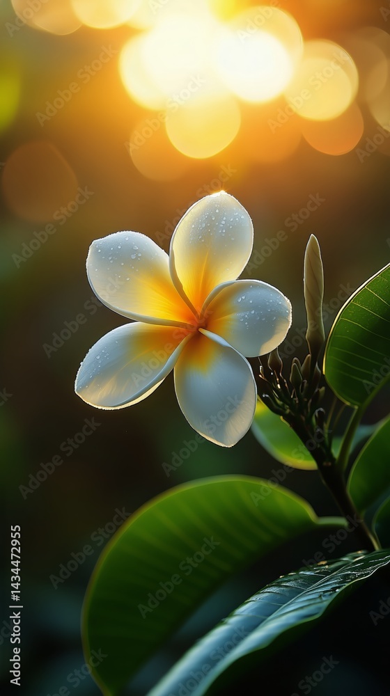 Beautiful Plumeria Flower Illuminated by Sunset Glow in Tropical Garden