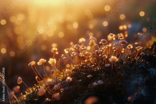 Mushrooms Growing in Golden Light During a Quiet Evening in a Forest Meadow
