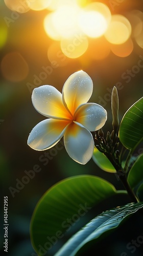 Beautiful Plumeria Flower Illuminated by Sunset Glow in Tropical Garden