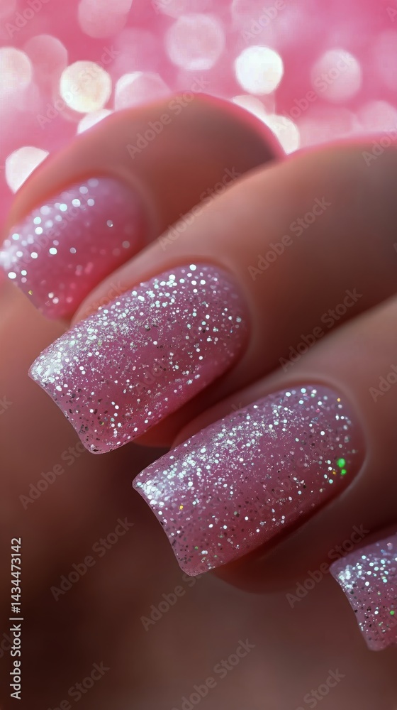 Elegant Pink Glitter Nails Shine in Bright Light With a Soft Bokeh Background