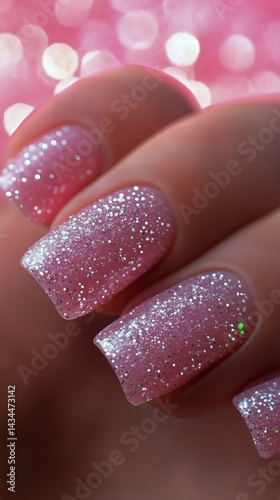 Obraz na płótnie Elegant Pink Glitter Nails Shine in Bright Light With a Soft Bokeh Background w salonie