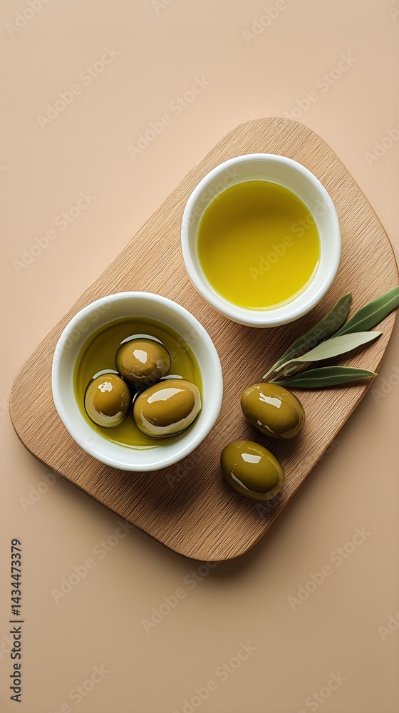 Fresh Olive Oil and Green Olives on a Wooden Board With a Minimalist Background