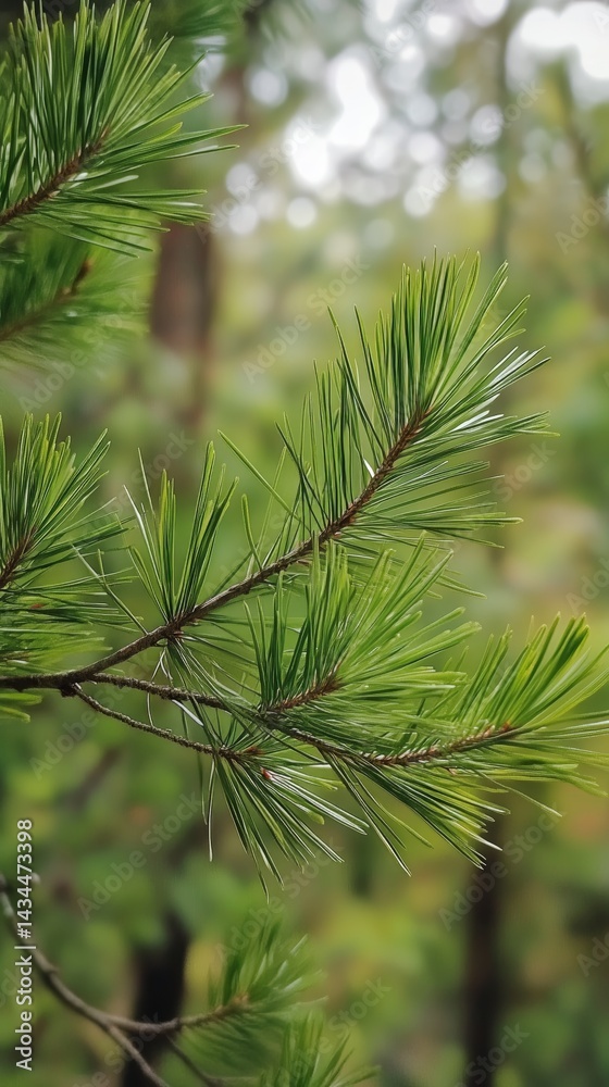 Bright Green Pine Needles Surrounded by Lush Forest in Early Morning Light