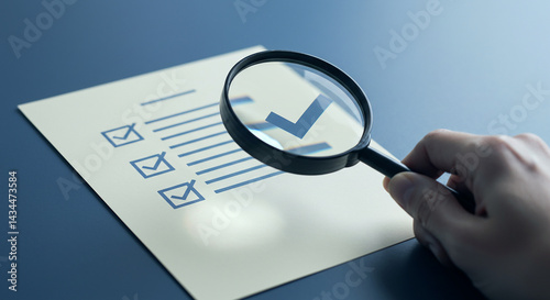 A hand holding a magnifying glass over a checklist with checkmarks on a light blue surface top view selling, purchasing,$, agreement