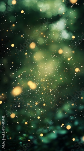 Magical Golden Particles Floating in a Serene Green Forest Backdrop During Da...