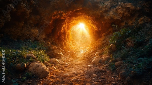 Glowing light at the end of a dark tunnel or path in nature.