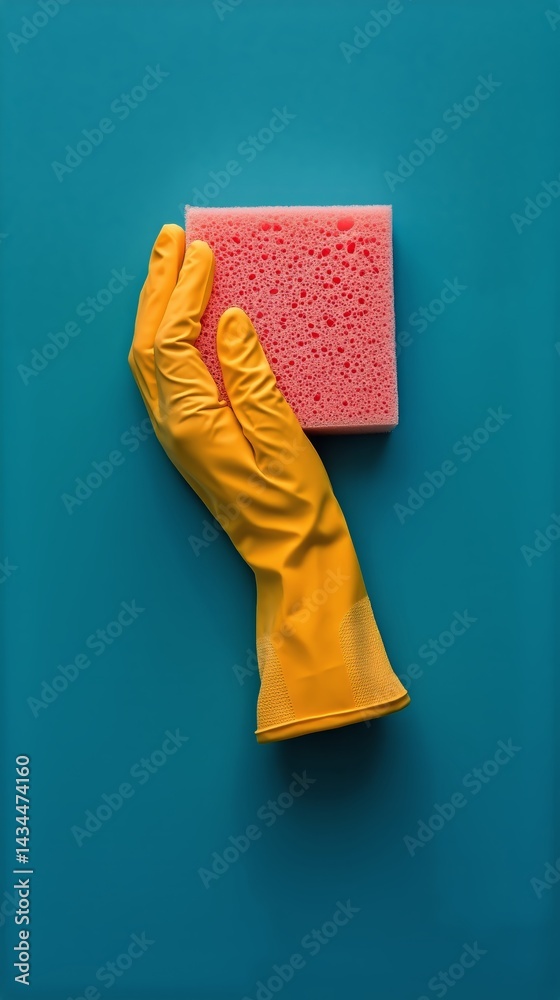 Bright Yellow Glove Holds a Pink Sponge Against a Turquoise Background During Cleaning Activity