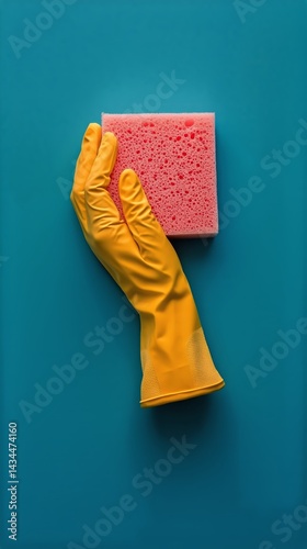Obraz na płótnie Bright Yellow Glove Holds a Pink Sponge Against a Turquoise Background During Cleaning Activity w salonie