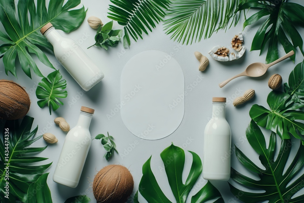 Bottles of Plant-Based Milk Surrounded by Tropical Foliage and Nuts on a Light Surface