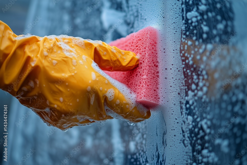 Hand in Yellow Glove Scrubbing Glass Surface With Pink Sponge and Soap Bubbles