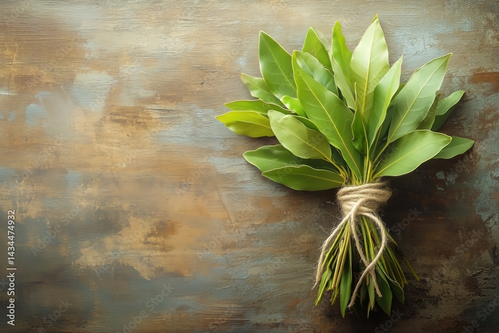Freshly Harvested Bay Leaves Tied With Twine on a Rustic Wooden Surface