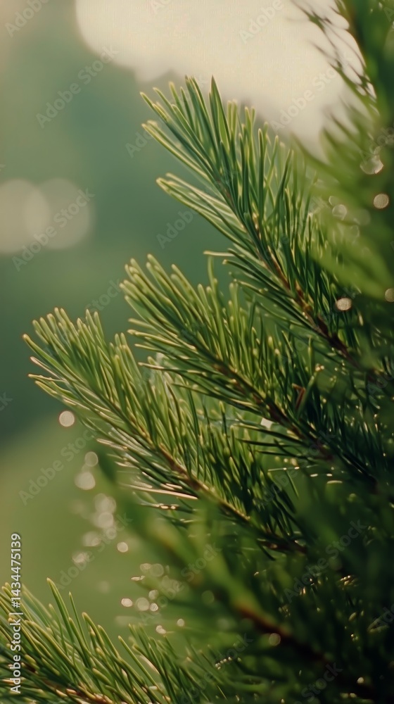 Close-up of Pine Tree Branches Glistening in Morning Sunlight on a Serene Day Outdoors