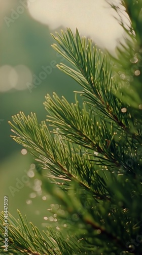 Obraz na płótnie Close-up of Pine Tree Branches Glistening in Morning Sunlight on a Serene Day Outdoors w salonie